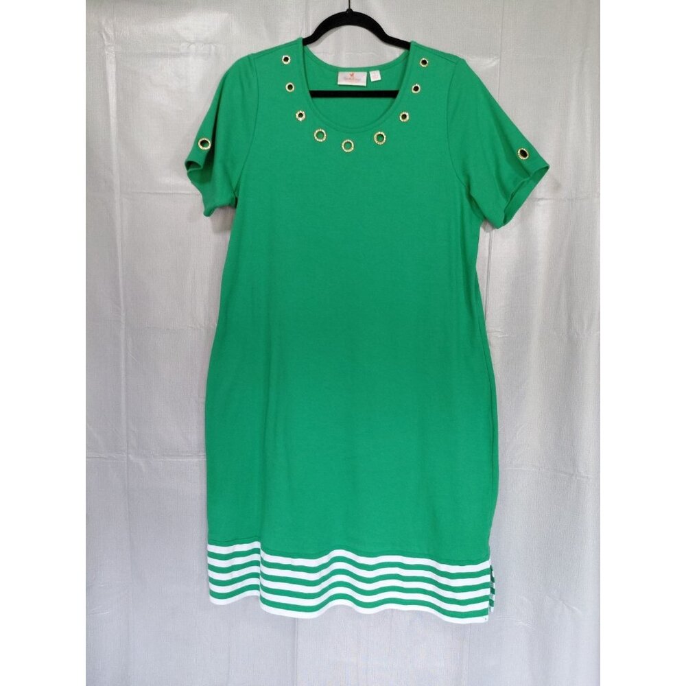 Quacker‎ Factory Short Sleeve Striped Hem Knit Shirt Dress w/ Grommets LG Green